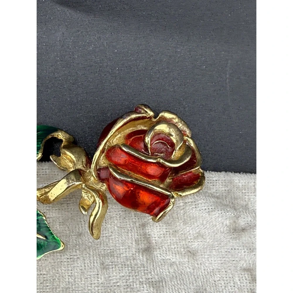 Vintage Rose Brooch Enamel Red Flower‎ Green Leaves Gold Tone Large